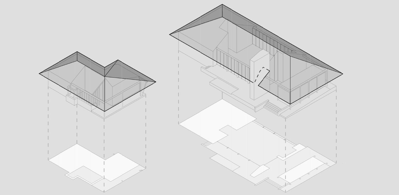 Diagram of two buildings, their roofs, and the building floor plans.