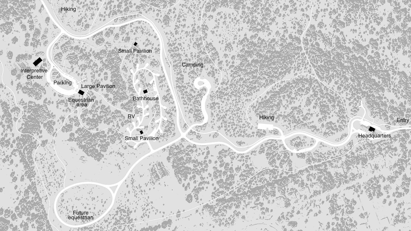 Site map showing location of the Interpretive Center and other park amenities.