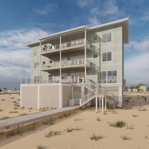 Rendering of a multi-story beach house with deep shaded balconies.