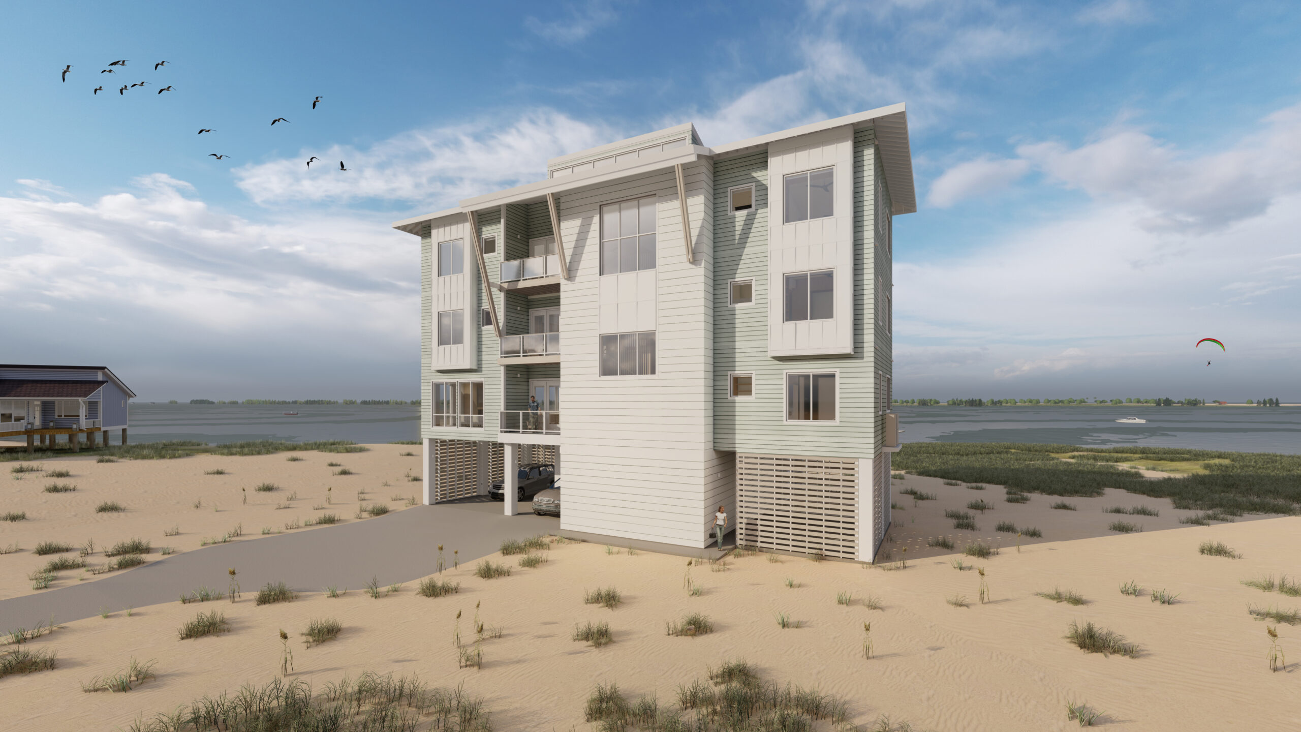 Rendering of a beach house with a roof that extends to shade the windows.