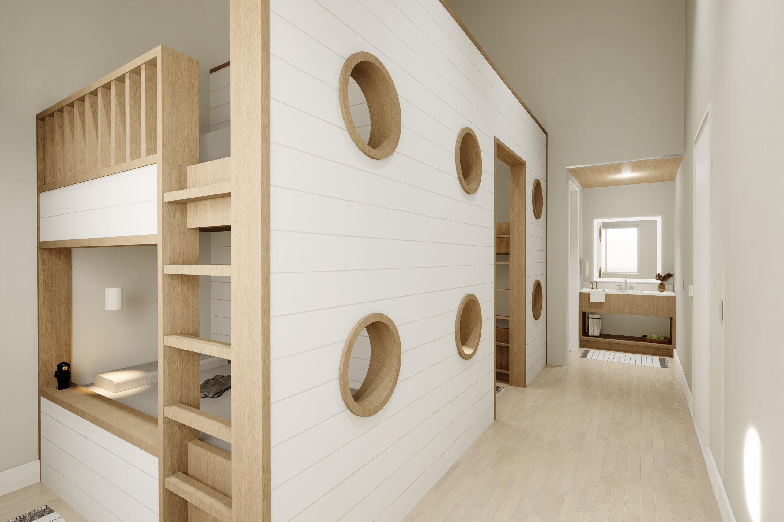 Rendering of a nautical-themed bunk room.