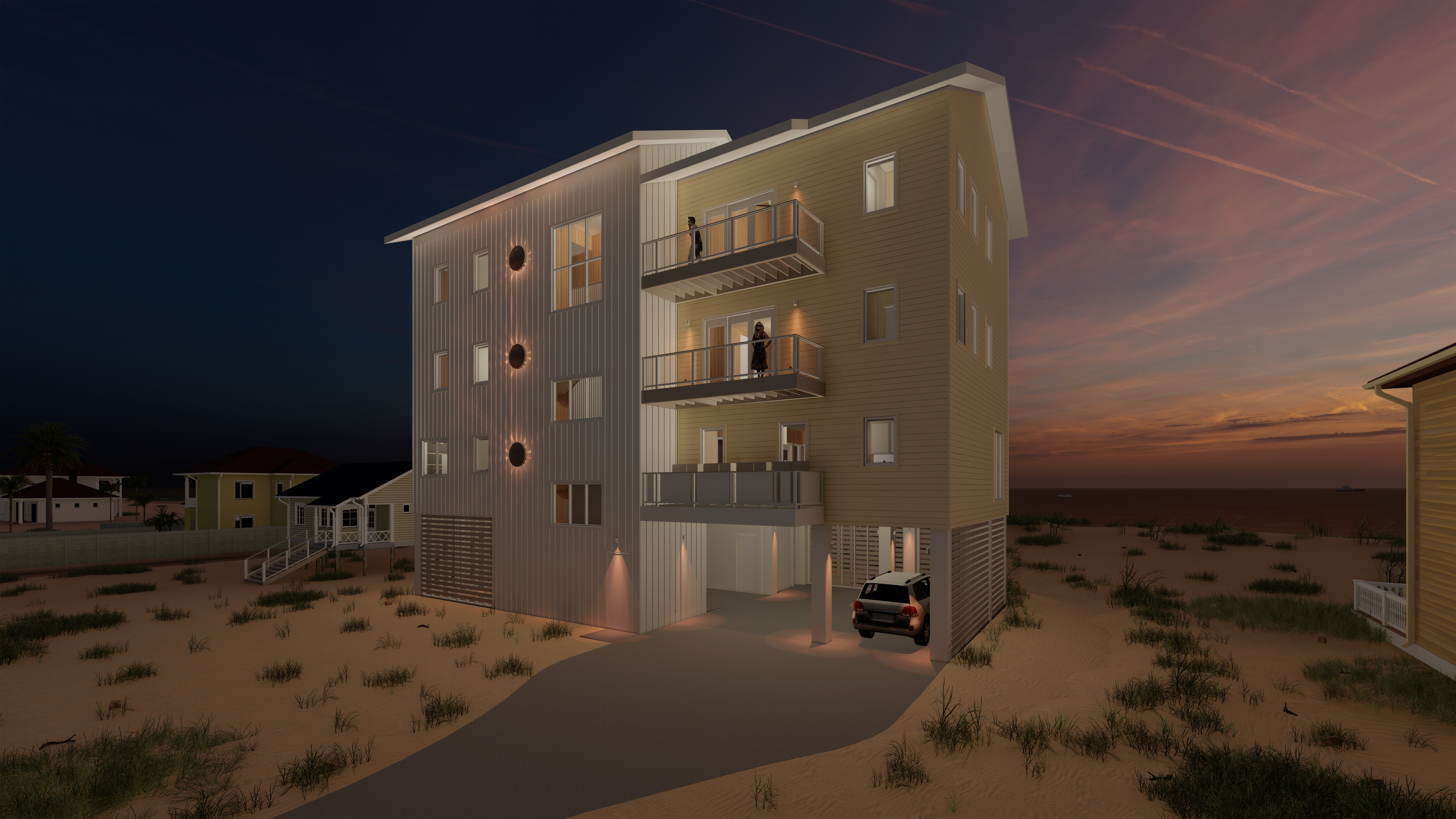 Nighttime rendering of a beach house with the ocean in the background.
