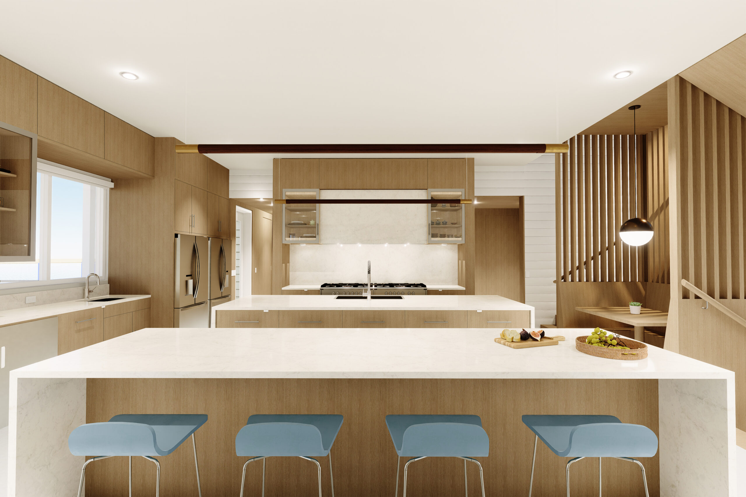 Rendering of a kitchen with marble counters and wood cabinets.