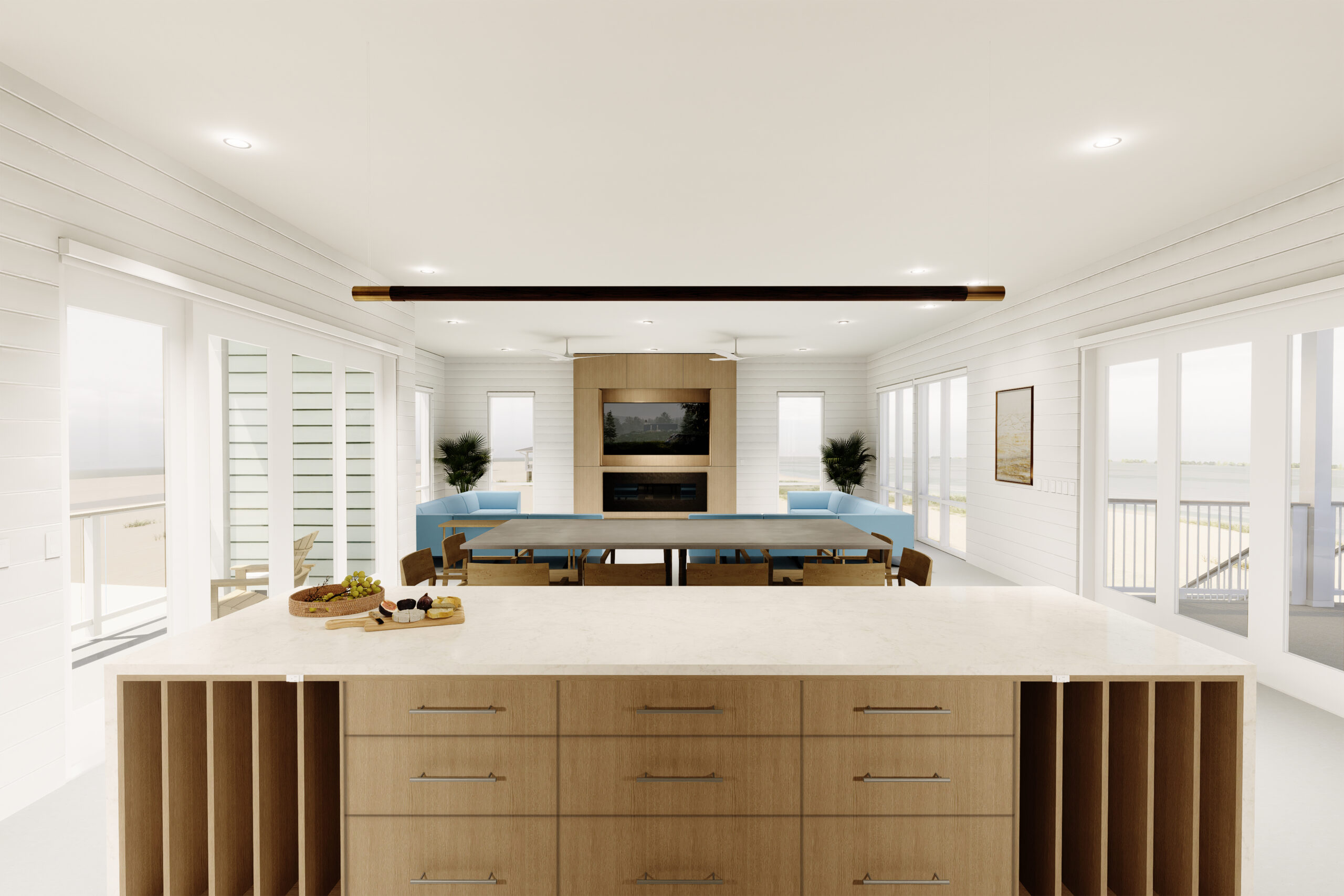 Rendered view over a kitchen island to a living area with large windows on both sides.