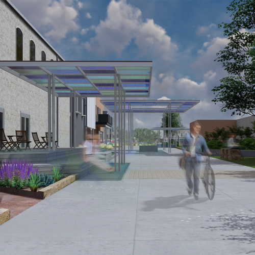 Rendering of artistic shading devices over a concrete walkway.