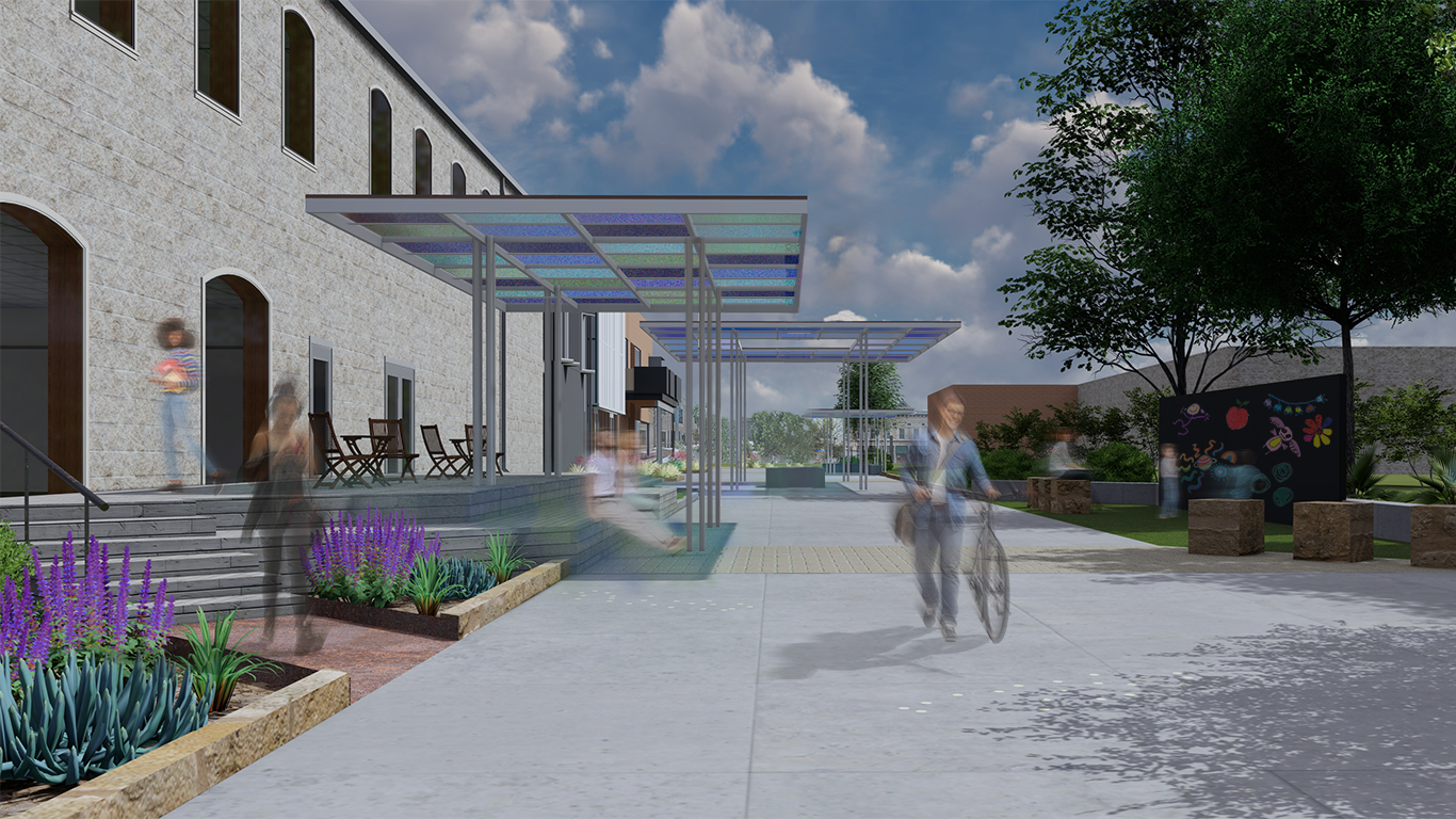 Rendering of artistic shading devices over a concrete walkway.