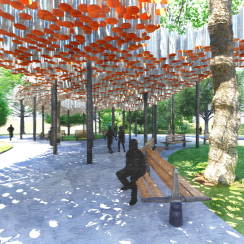 Rendering of people sitting on benches underneath a sculptural pavilion structure.