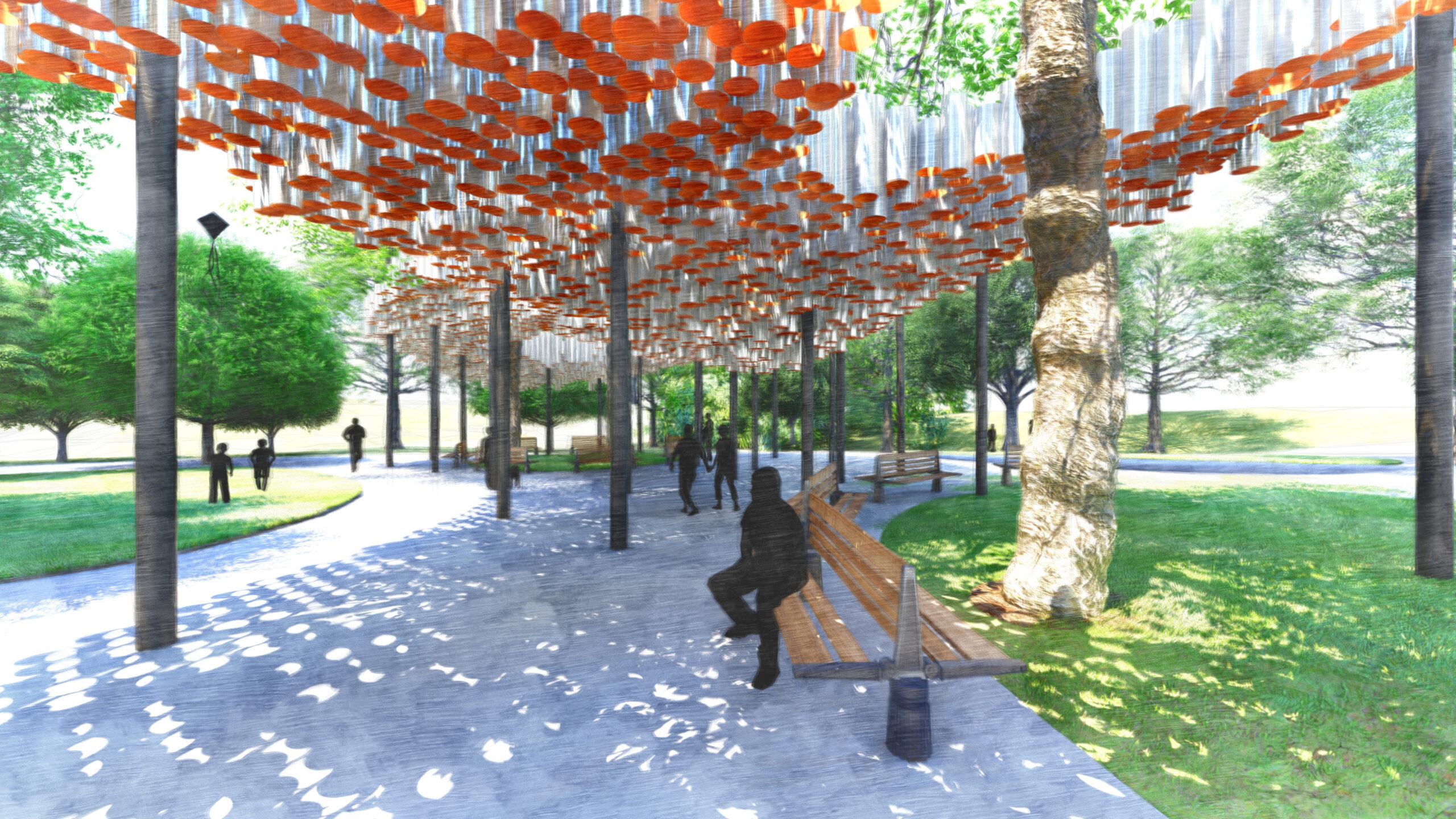 Rendering of people sitting on benches underneath a sculptural pavilion structure.