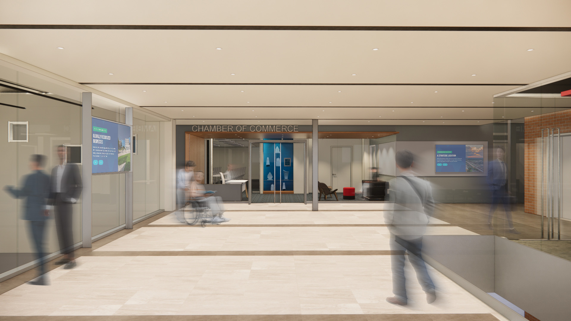 Rendering of a lobby full of people leading to the chamber of commerce.