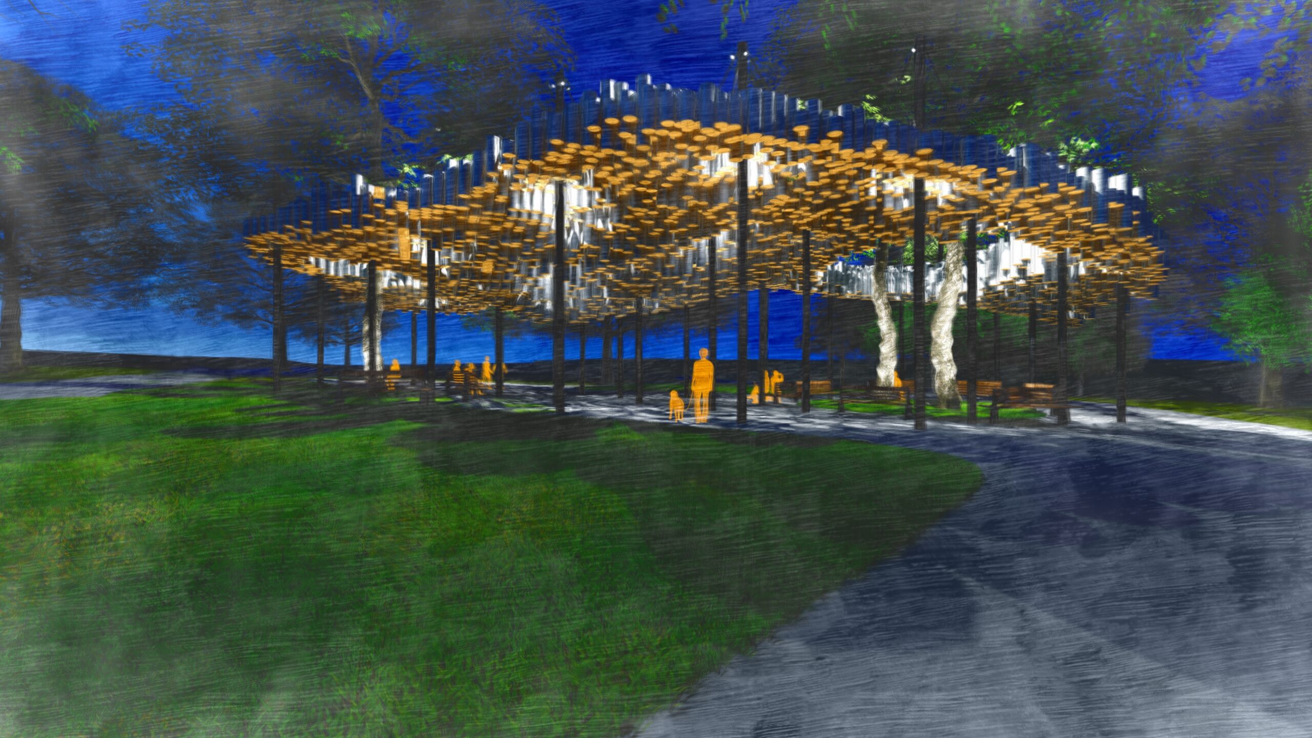 Nighttime rendering of a lit pavilion structure over benches.