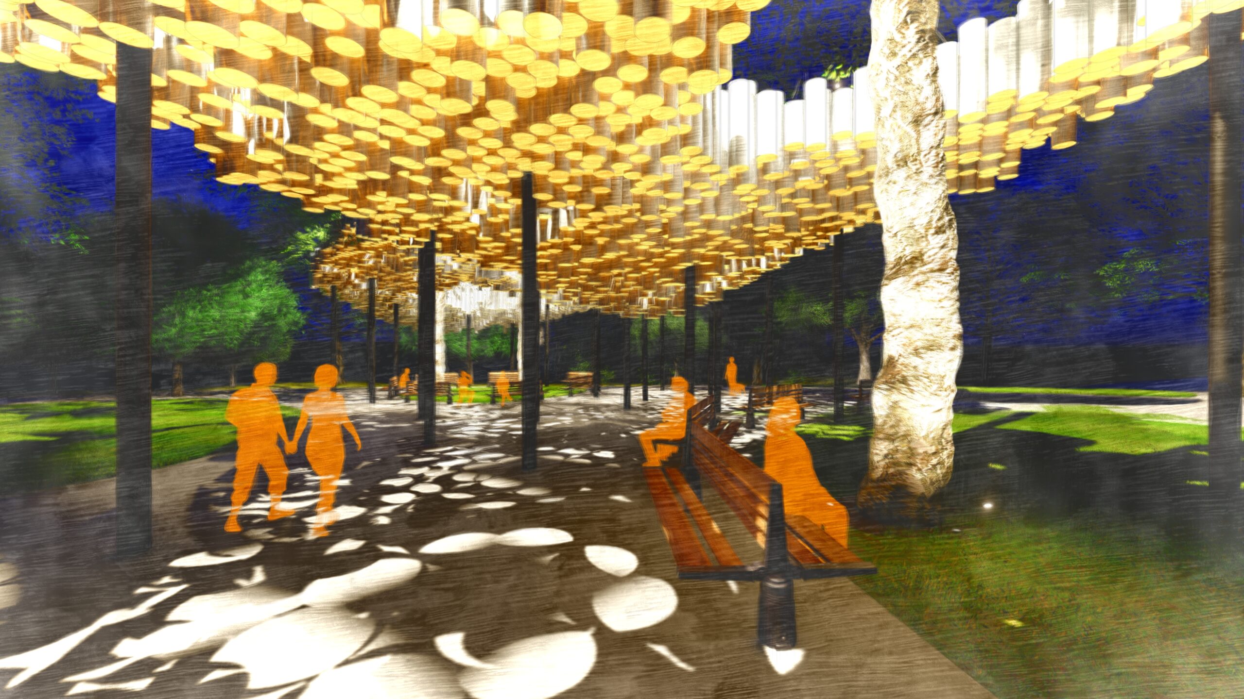 Nighttime rendering of a lit pavilion structure with people underneath.