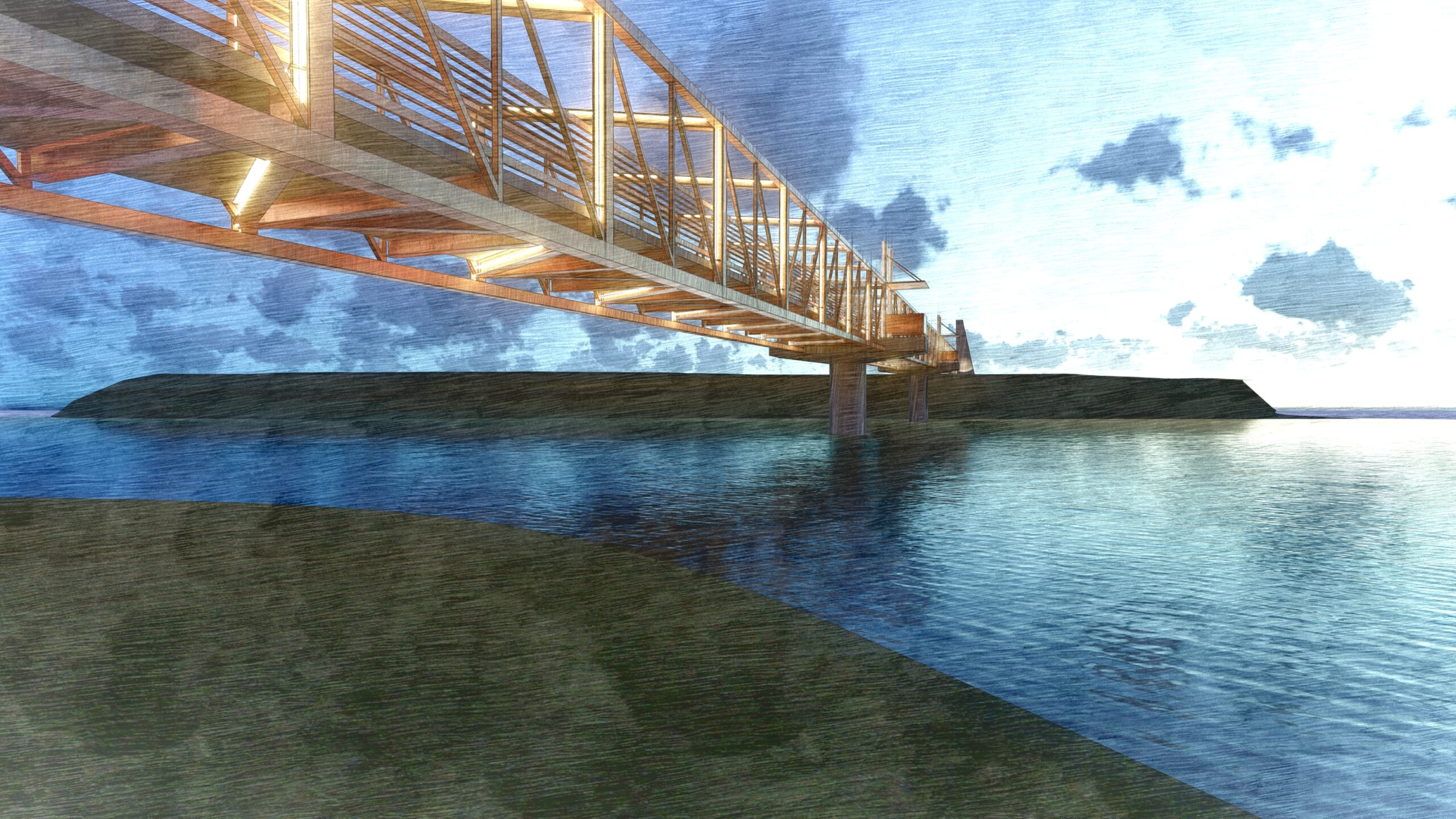 Rendered view of a bridge over water with lights in the trusses.
