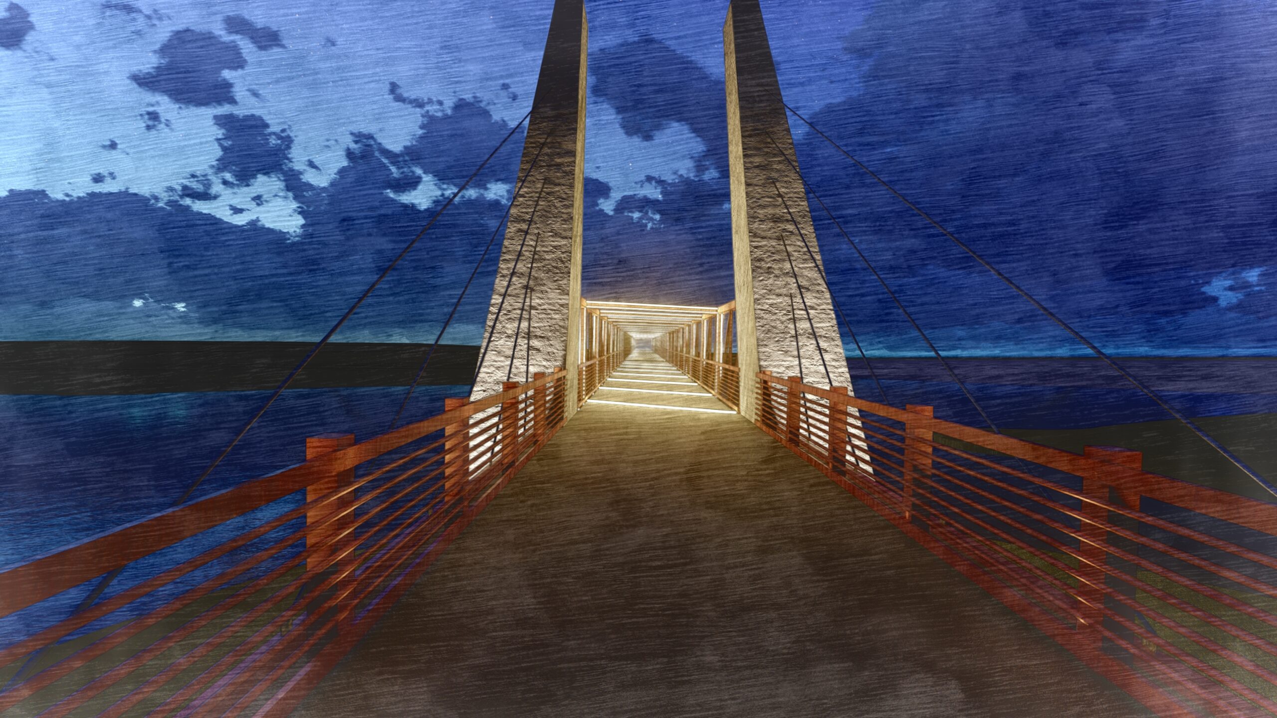 Rendered view down the length of a bridge at night,