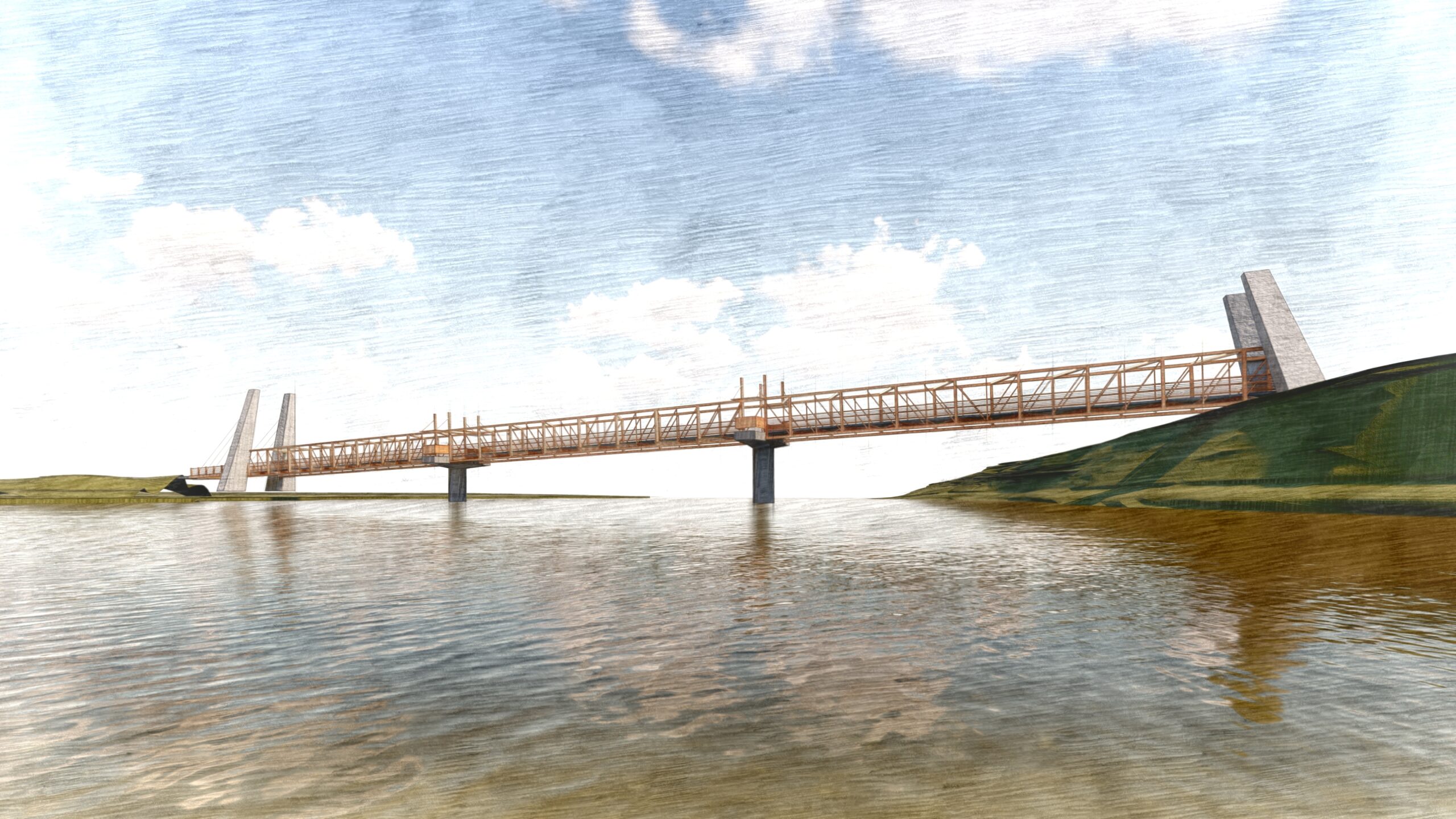Rendered view of a bridge crossing a creek during the day with concrete pillars on either side.